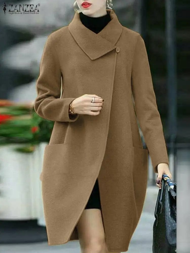 Women Loose Woolen Coat ZANZEA 2023 Fall Winter Lapel Overcoat Fashion Long Sleeve Outwears Vintage Pockets Solid Parka Coats