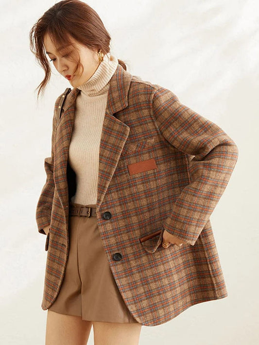 Zoki Vintage Faux Woolen Plaid Blazer Women Casual Harajuku Jacket Korean Long Sleeve Office Lady High Quality Winter Outwear