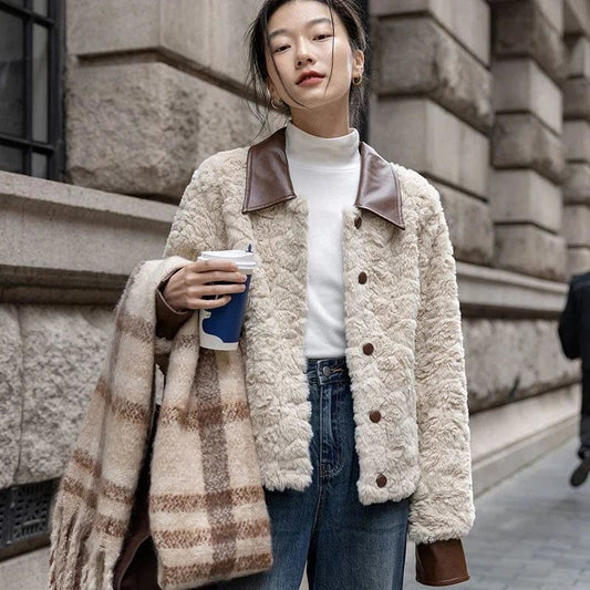 Winter Warm Lamb Wool Coat Fashion Korean Single Breasted Lapel Fur Outerwear Harajuku Elegant Splicing Leather Office Lady Coat