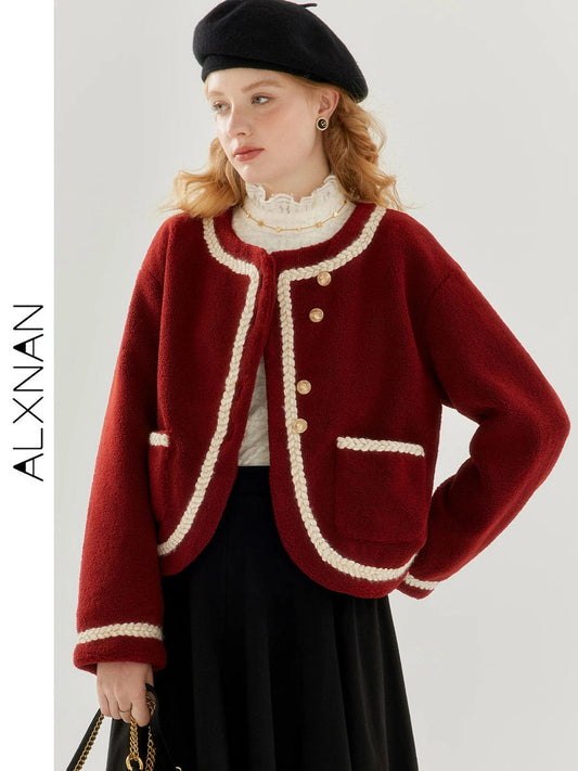 ALXNAN Elegant Lambwool Wool Blend Short Tweed Jacket Women 2024 Winter Single-breasted Round Neck Small Fragrance Top TM00809