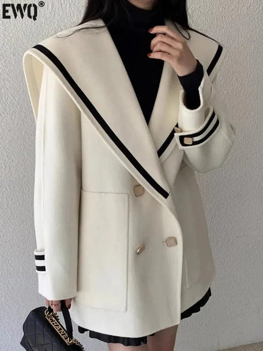 [EWQ] Vintage Contrast Color Striped Double Breasted Big Lapel Cashmere Wool Coats Loose Woolen Jacket Autumn 2023 New 16U555612