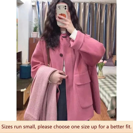 Pink Wool Sweet Short Autumn Winter Small Person Artistic Retro Wool Coat Macaron Color Medium Thickness Single Row Multi-button