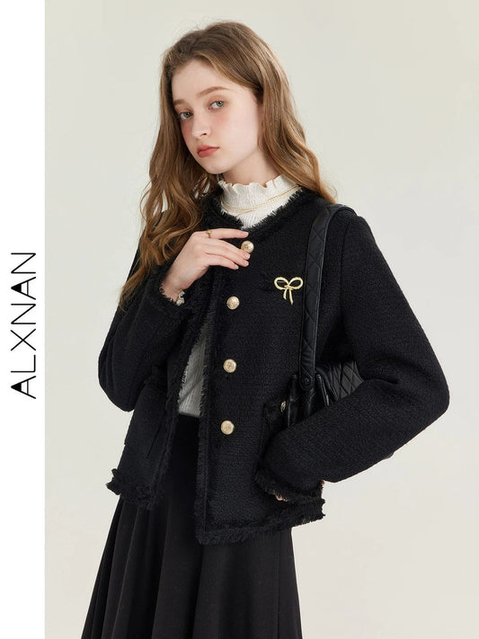 ALXNAN Vintage Jackets Women Black Tweed Cropped Coat 2024 Autumn Korean Elegant Single Breasted Short Outerwear Tops T01018