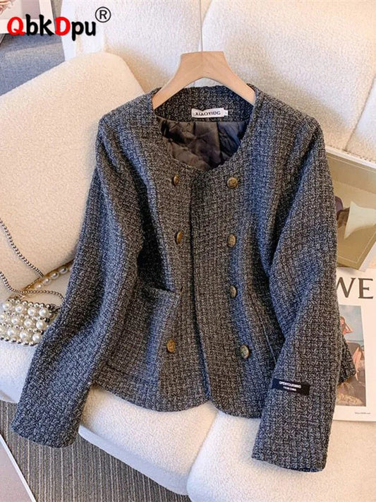 Women Cropped Tweed Woolen Jackets Korean Chic Double Breasted Wool Blend Tops Coats Causal Spring Fall New Short Slim Abrigos