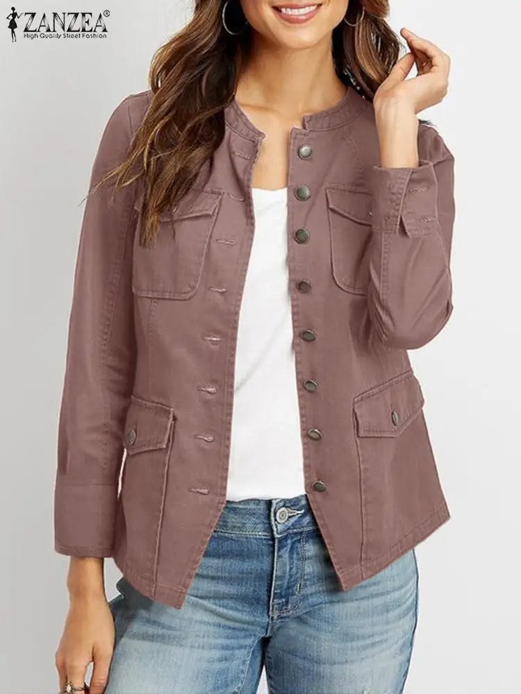 ZANZEA Stylish OL Coats Women Vintage Jackets Spring Female Outwears Casual Long Sleeve O Neck Coat Solid Buttons Down Jackets