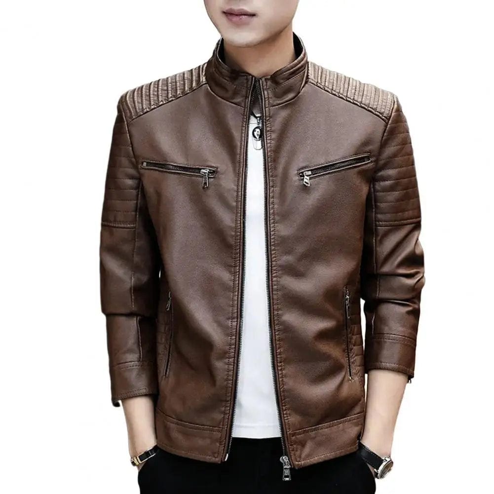 Men Faux Leather Jacket Men Fleece Lining Jacket Men's Fleece-lined Stand Collar Jacket Stylish Pleated for Autumn/winter