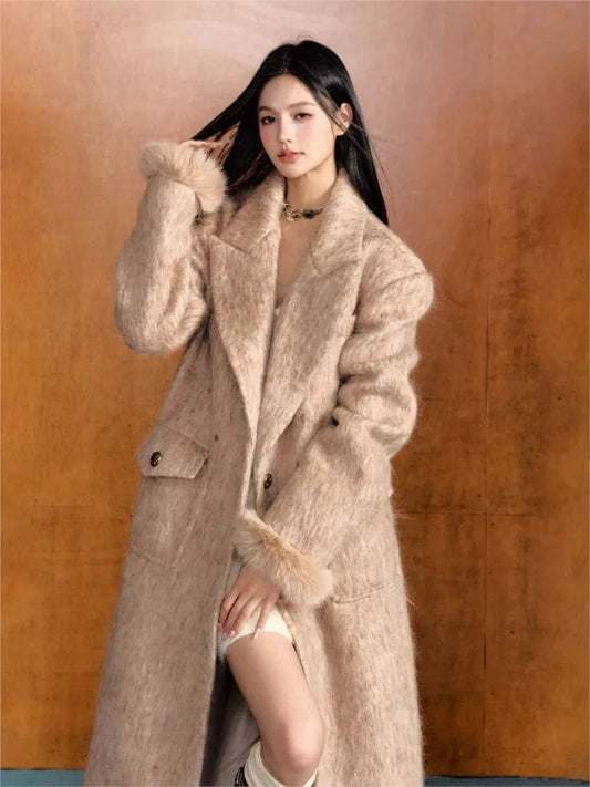 Winter Trend Women's Woolen Overcoat Mid-length Turn-down Collar Fur Cuff Coat Warm Thick Female Jacket Fashion Outwear 2023 New
