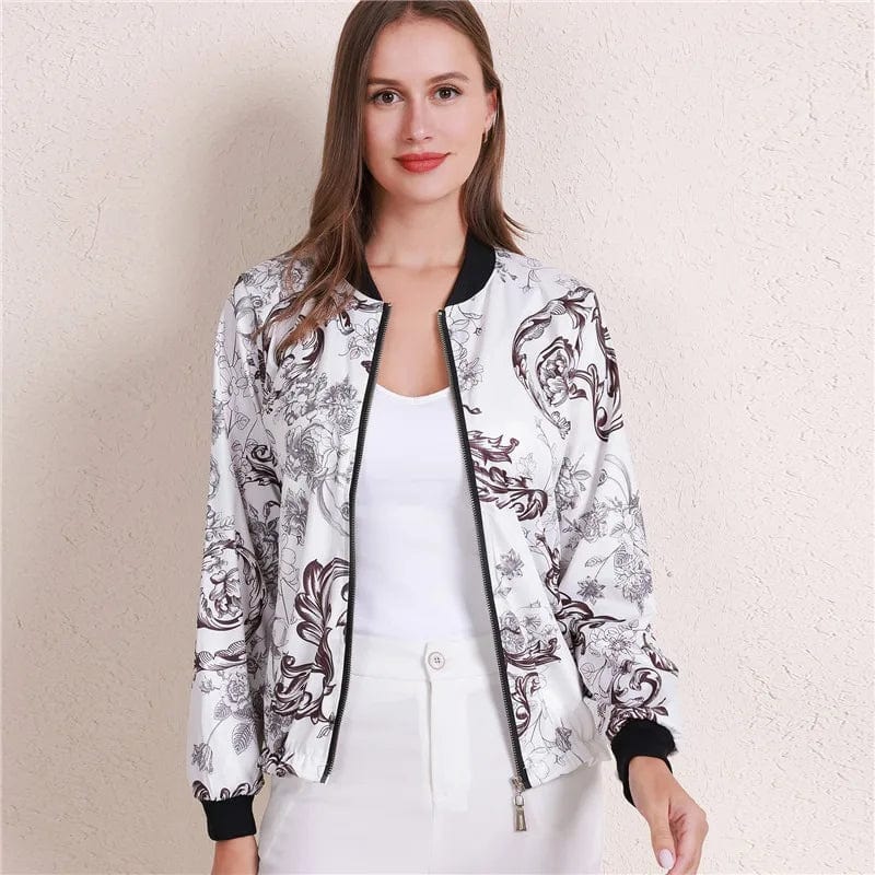 Vintage Autumn Ladies Jacket Flower Print Women Fashion Zipper Up Long Sleeve Casual Coats Slim Basic Bomber Jackets 2023 New