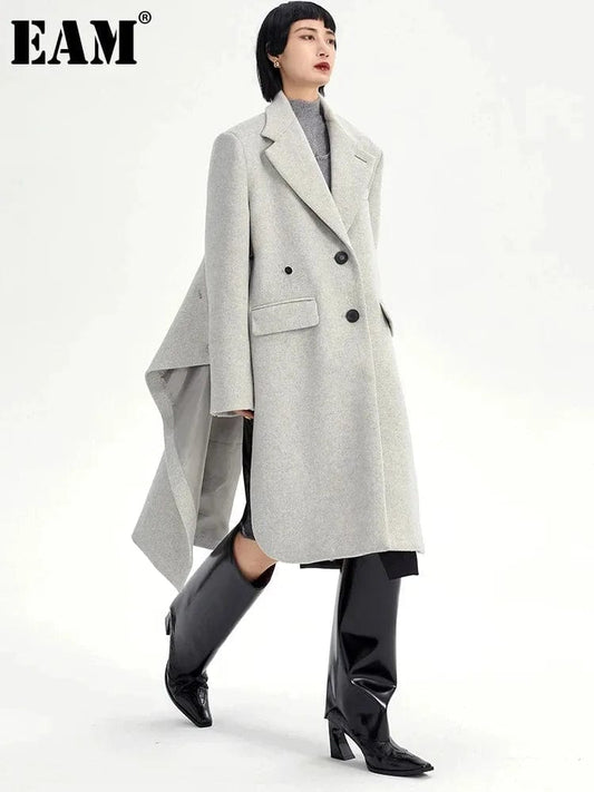 [EAM] Loose Fit Gray Irregular Big Size Long Woolen Coat Parkas New Long Sleeve Women Fashion Tide Autumn Winter 2024 17A1311H