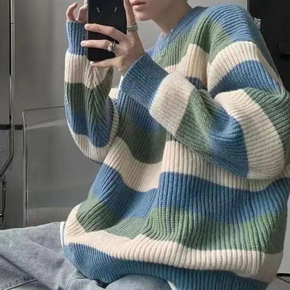 Men Striped Sweater Round Neck Sweater Men's Striped Colorblock Knitted Sweater Thick Warm O Neck Pullover for Fall Winter Soft