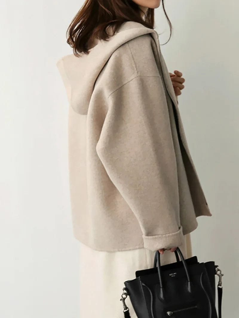 Women's Hooded Woolen Jacket, Loose, Short, Monochromatic, Small and Casual, Korean Version, Autumn  Winter, New, 2024