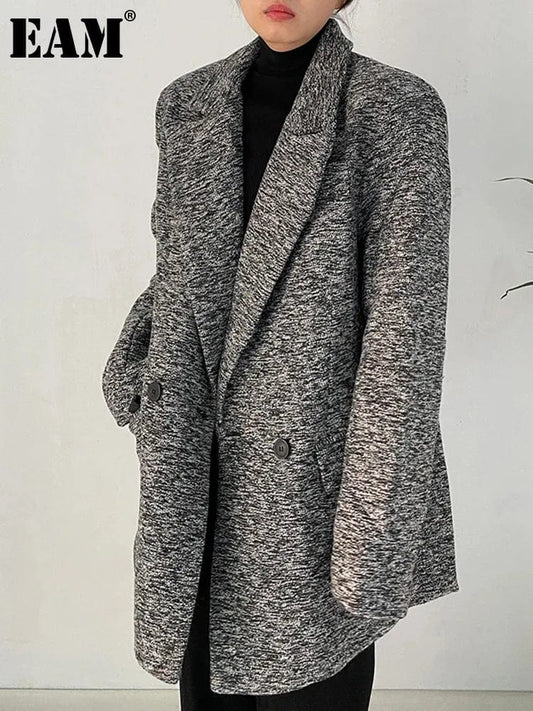[EAM] Loose Fit Black Gray Big Size Thick Woolen Coat Parkas New Long Sleeve Women Fashion Tide Autumn Winter 2024 1DF2530