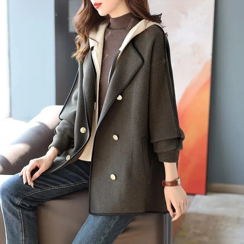 Loose Autumn Wool Coat Women Faux Two-piece Double Row Buckle Knitted Wool Coat Elegant Style Straight Sleeve Design