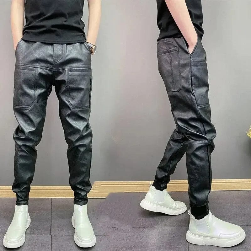 Men's Autumn/winter Trendy Elastic Pu Leather Pants Windproof Waterproof Solid Color Casual Trousers Pocket Stylish Tapered Leg