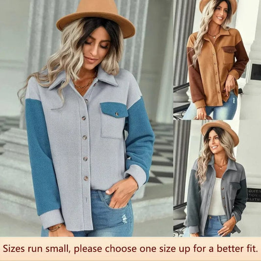 Fashionable Color-block Wool Coat Women Autumn Winter Plush Top Stylish Patchwork Woolen Jacket Ladies Fashion Outerwear