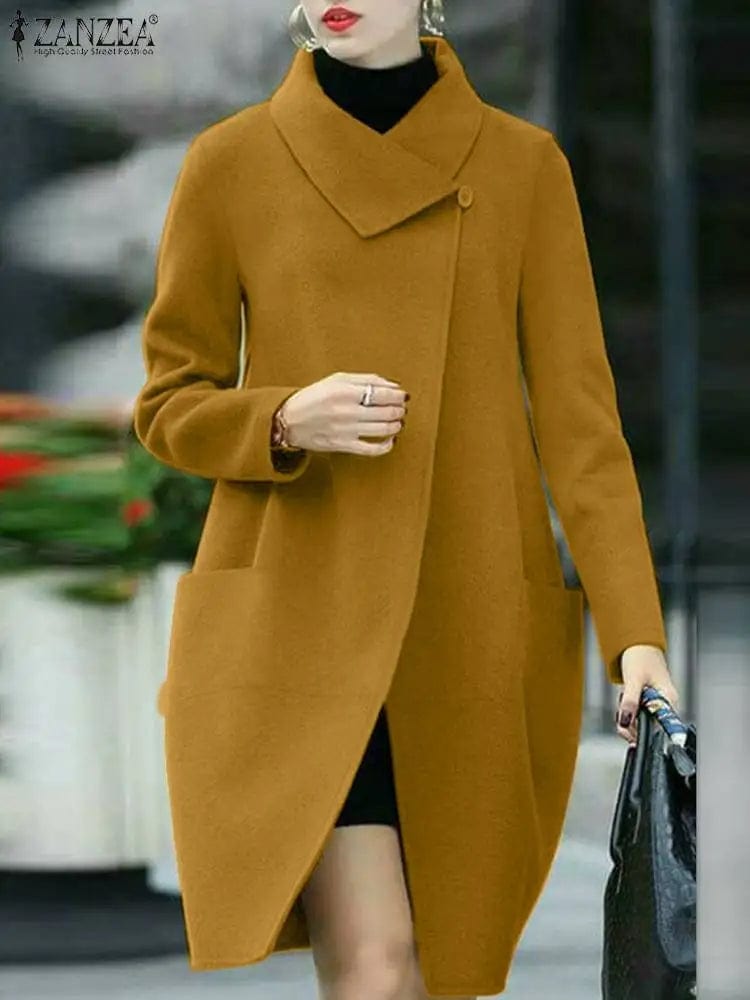 Women Loose Woolen Coat ZANZEA 2023 Fall Winter Lapel Overcoat Fashion Long Sleeve Outwears Vintage Pockets Solid Parka Coats