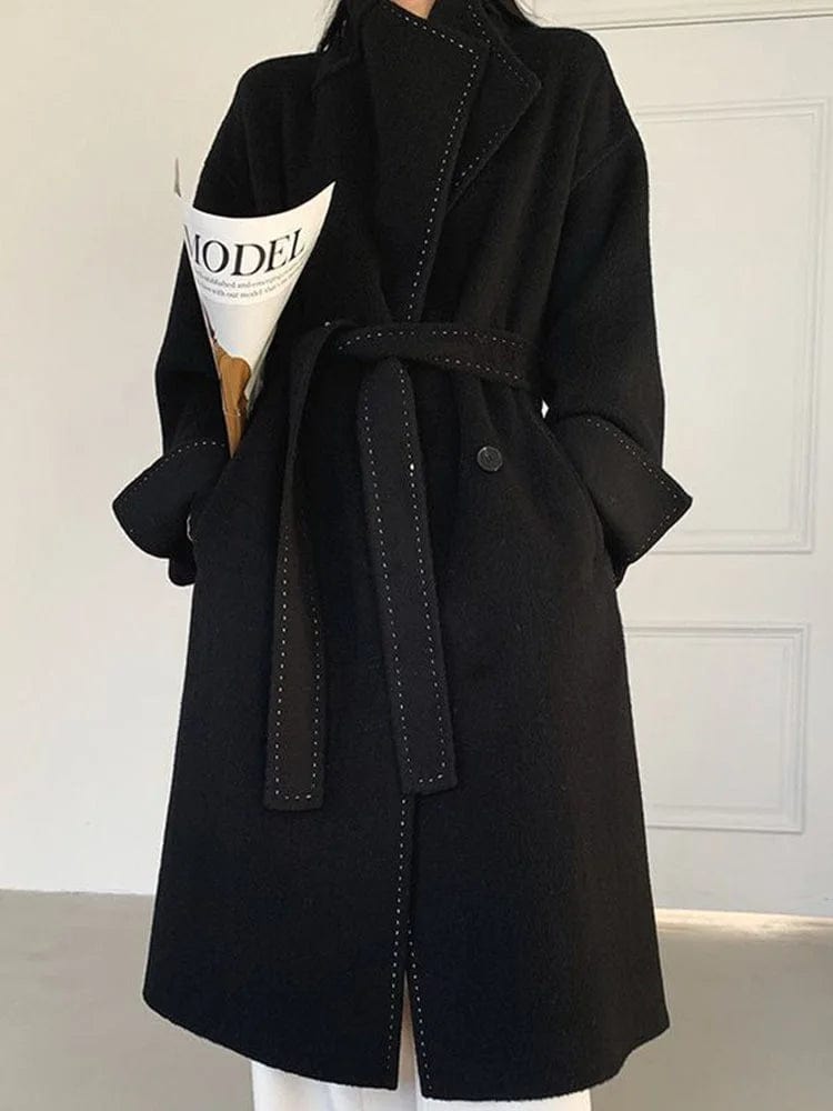 UCXQ Temperament Lapel Topstitch Decoration Lace-up Waist Woolen Coats For Women 2023 Autumn New High End Elegant Long Overcoat