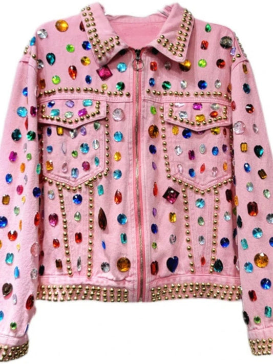 Women Rainbow Diamonds Beaded Pink Denim Coat Loose Rhinestones Jeans Jacket Long Sleeve Crystal Cowboy Cardigan Rivets Tops