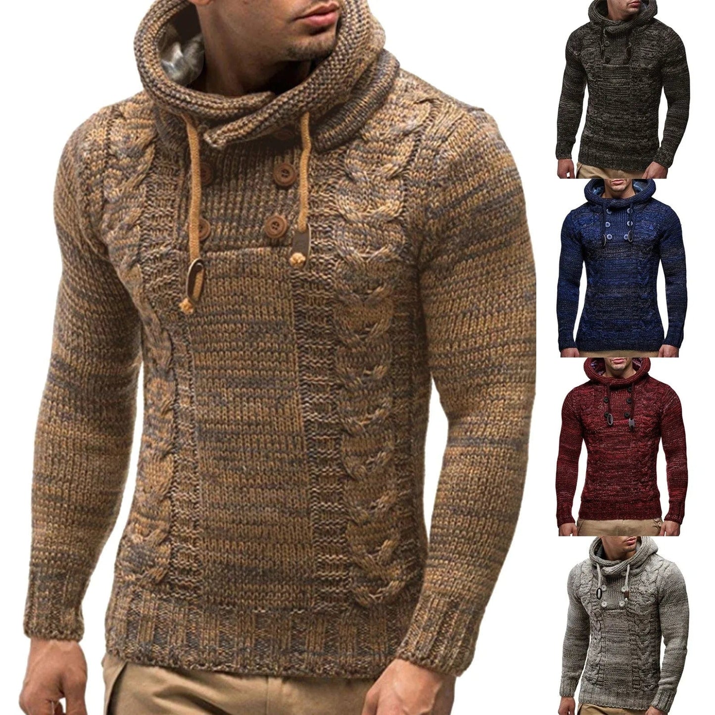 Men'S Knitting Tops Spring Autumn High Collar Hooded Sweater Tops Fashion Solid Color Slim Fit Pullovers Winter Casual Tops