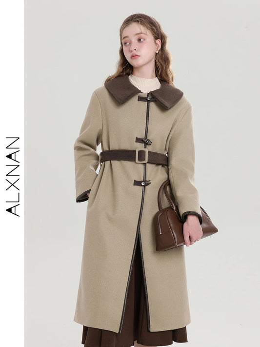 ALXNAN Korean Fashion Women Wool & Blends Coat 2024 Lapel Collar Single Breasted A Line Midi Tweed Jacket Female Outfit T00920