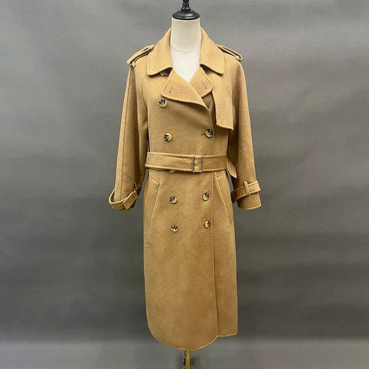 Lady's Belted Long Wool Coat Water Ripples 100% Wool Trench Coat Fashion Outerwear QN5822