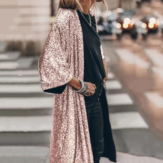 Classic  Loose Outerwear Soft Women Shiny Sequins Mid-length Cape Jacket Solid Color Skin-touch Gown Cape Streetwear