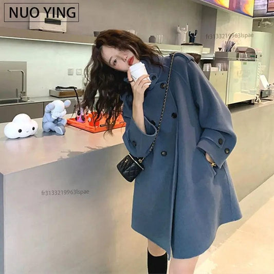 Chic Woolen Trench Coat for Women Fashion Double Breasted Long Sleeve Turn Down Collar Coats Loose 2 Pockets Jackets Outcoat Top