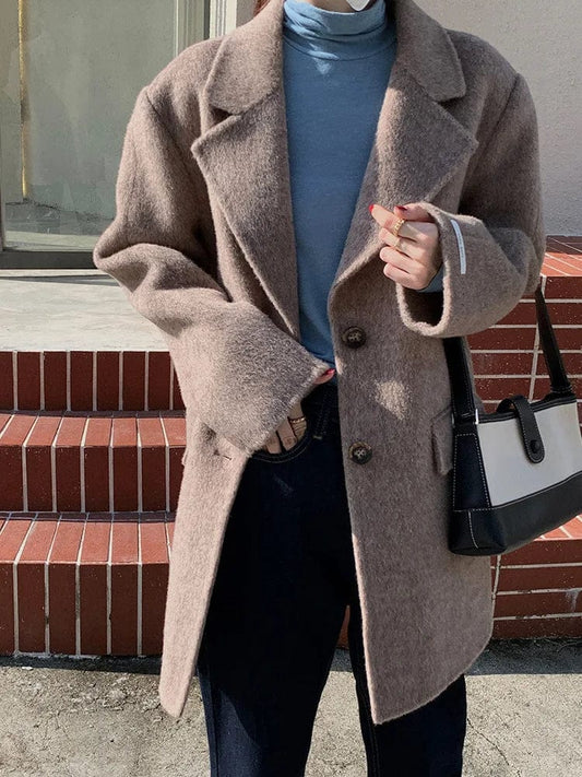 Korean Style Office Lady Short Wool Jackets Women 2024 Spring High-End Lapel Single Breasted Loose Suit Alpaca Woolen Coats