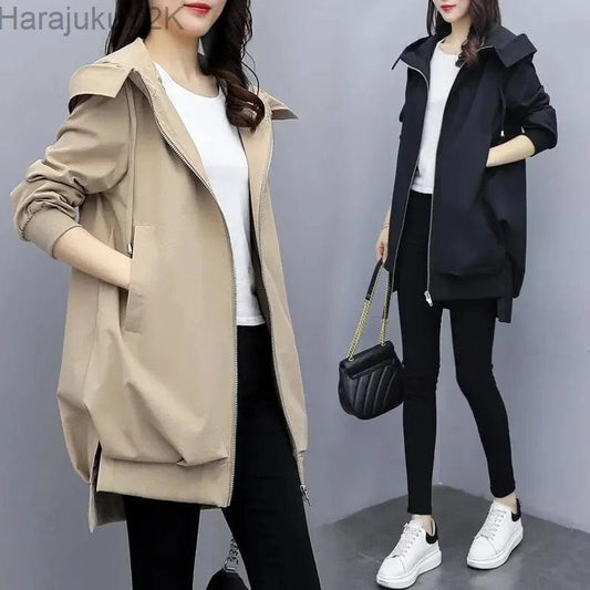 2023 New Autumn Women's Jacket Long Sleeve Casual Windbreaker Female Hooded Overcoat Loose Basic Coats Lady Outwear