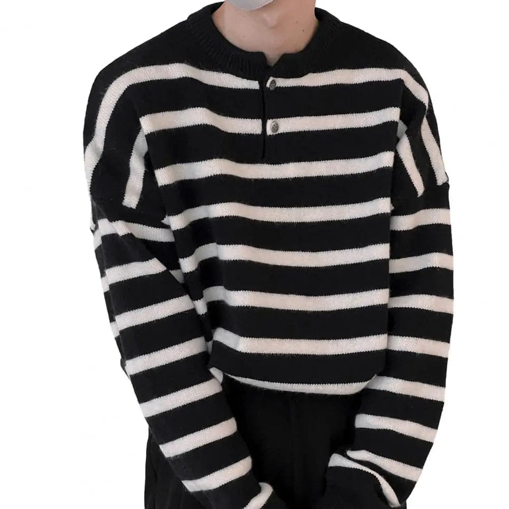 Men Striped Pullover Sweater O-neck Long Sleeve Knit Top Men's Striped Print Knitted Pullover Sweater with O-neckline for Autumn