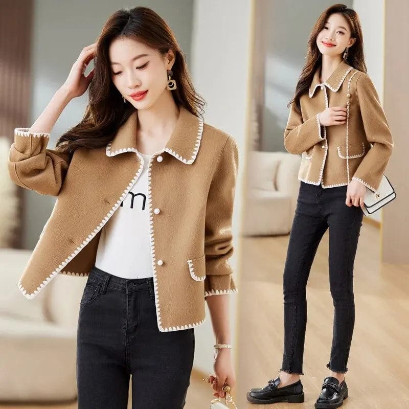 Short Double-sided Wool Coat Versatile Sponge Wool Pink Embroidered Clothes Women Medium Thickness Regular Sleeve