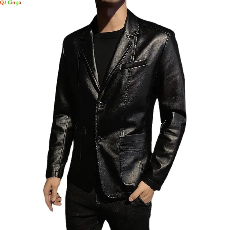 Spring New Black PU Suit Jacket Men's Fashion Slim Leather Jacket Business Casual Blazers Coat Red Blue Khaki