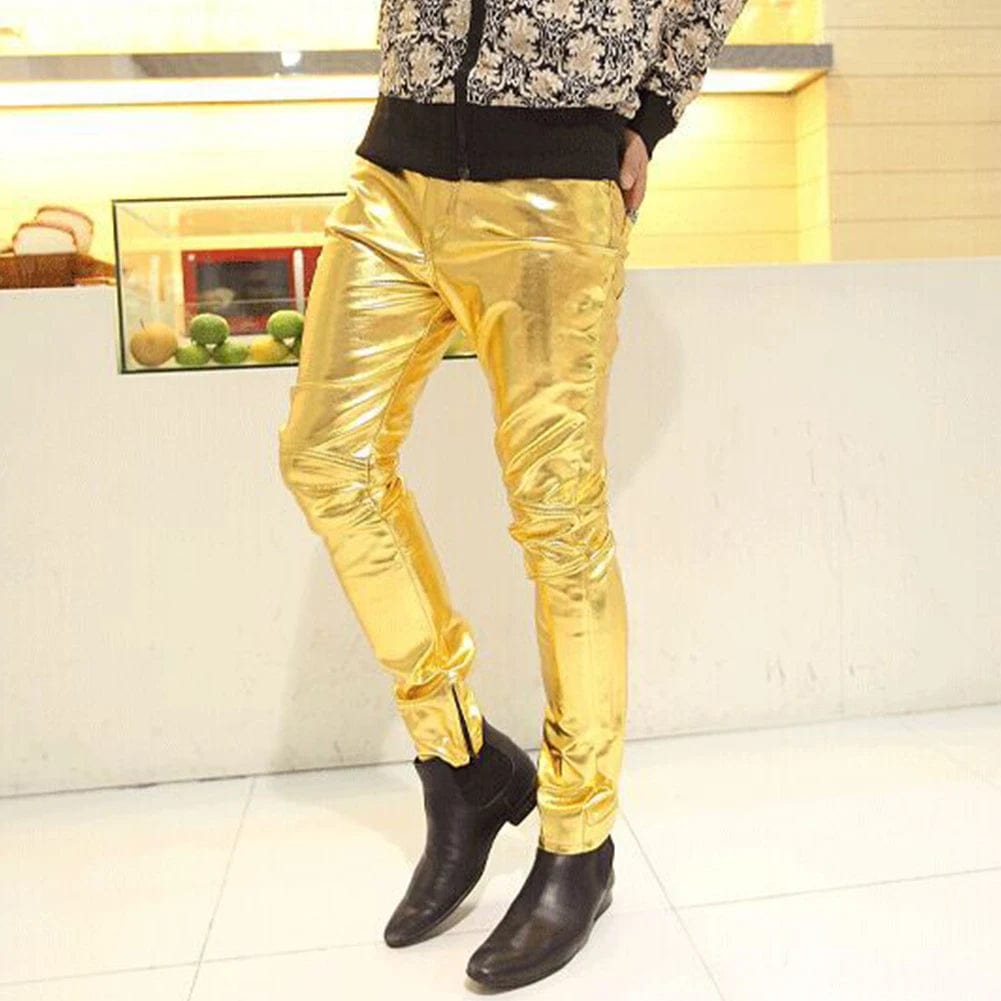 Male Slim PU  Leather Pants Shiny Silver Gold Trousers Nightclub Stage Costumes for Singers Dancer