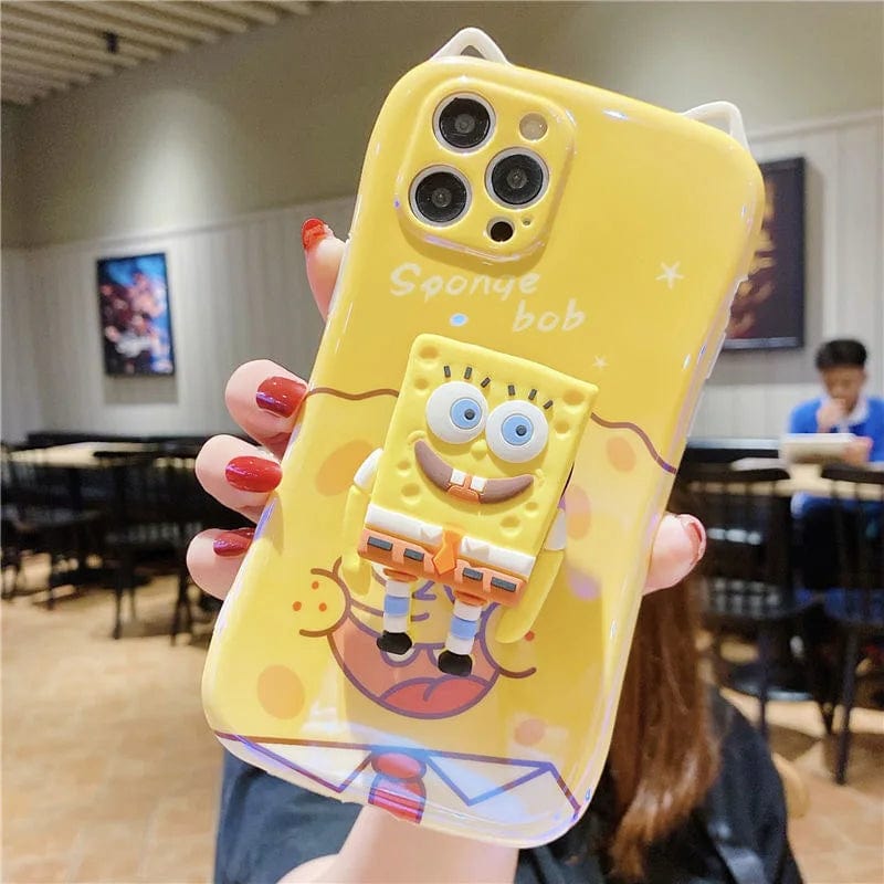 Cat Ears Design SpongeBob Patrick Star with Stand Phone Cases For iPhone 13 12 11 Pro Max XR XS MAX X Back Cover