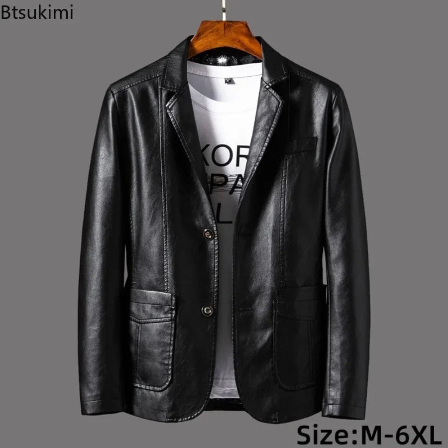 2024 Men's Leather Jackets Lapel Business Leather Jackets Men Pu Blazers Korean Style Slim Fashion Leather Coat Plus Size M-6XL