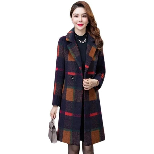 2022 High Quality Women Woolen Overcoat Autumn Winter Retro Plaid Coat Elegant Mid-Length Wool Windbreaker Outerwear Female 5XL