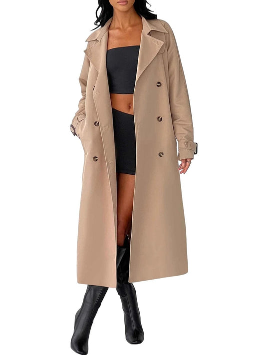 Women Casual Trench Coat Double Breasted Long Sleeve Windbreaker Jacket with Belt Streetwear Outerwear Basics Versatility