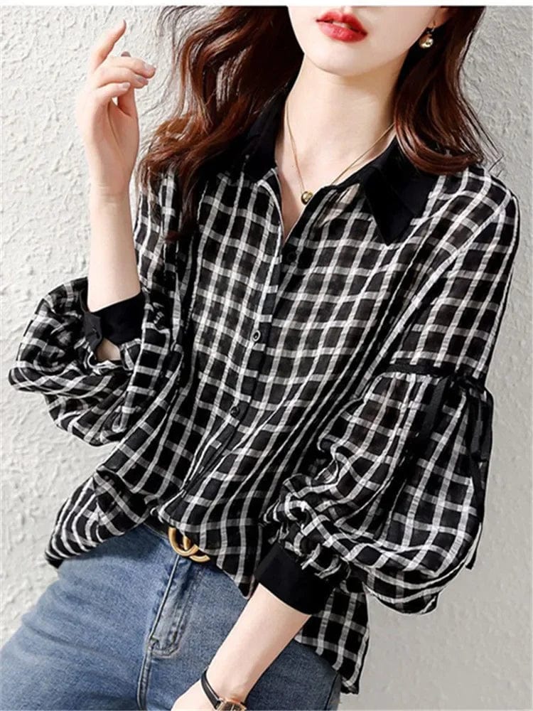 2024 Autumn New Fashion Lapel Printed Drawstring Lantern Sleeve Plaid Shirt Women's Clothing Loose Casual Tops Blouse D06