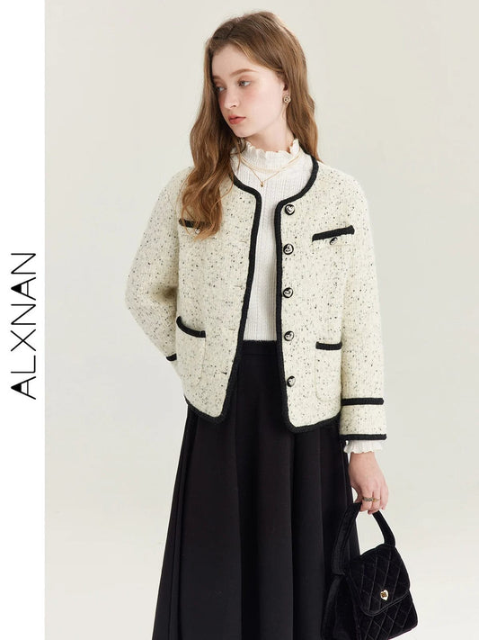 ALXNAN French Chic Female Tweed Basic Single Breasted Jacket For Women 2024 Autumn Luxury Apricot Female Cropped Coats T01019