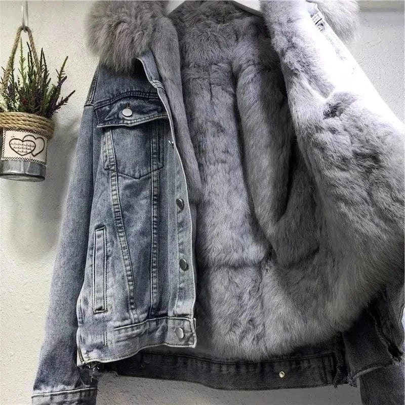 Women Winter Warm Basic Coat Big Fur Collar Denim Jacket Female Cold Motorcycle Jackets Outerwear Fleece Thick Overcoat 2024