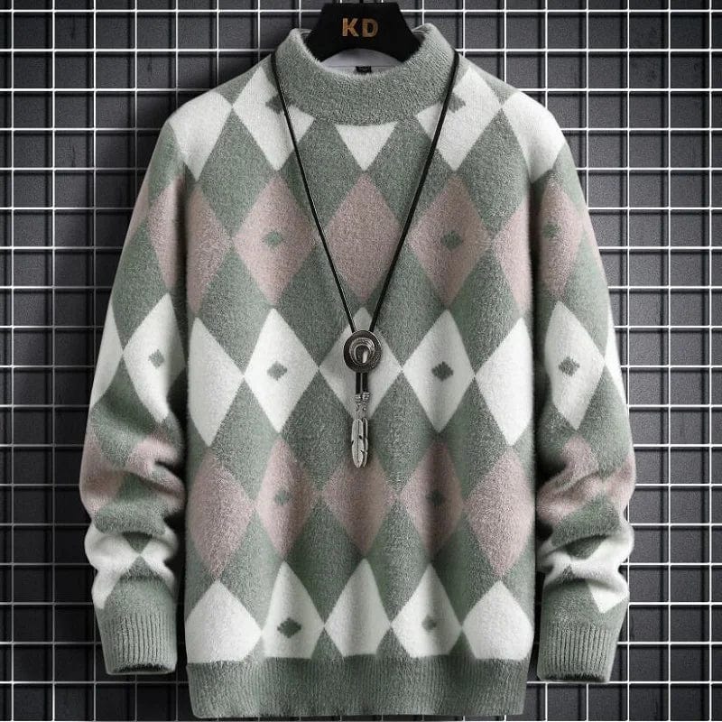 New Winter Korean Handsome Argyle Mens Sweaters High End Mink Cashmere Sweater Men Clothing Turtleneck Christmas Pullover