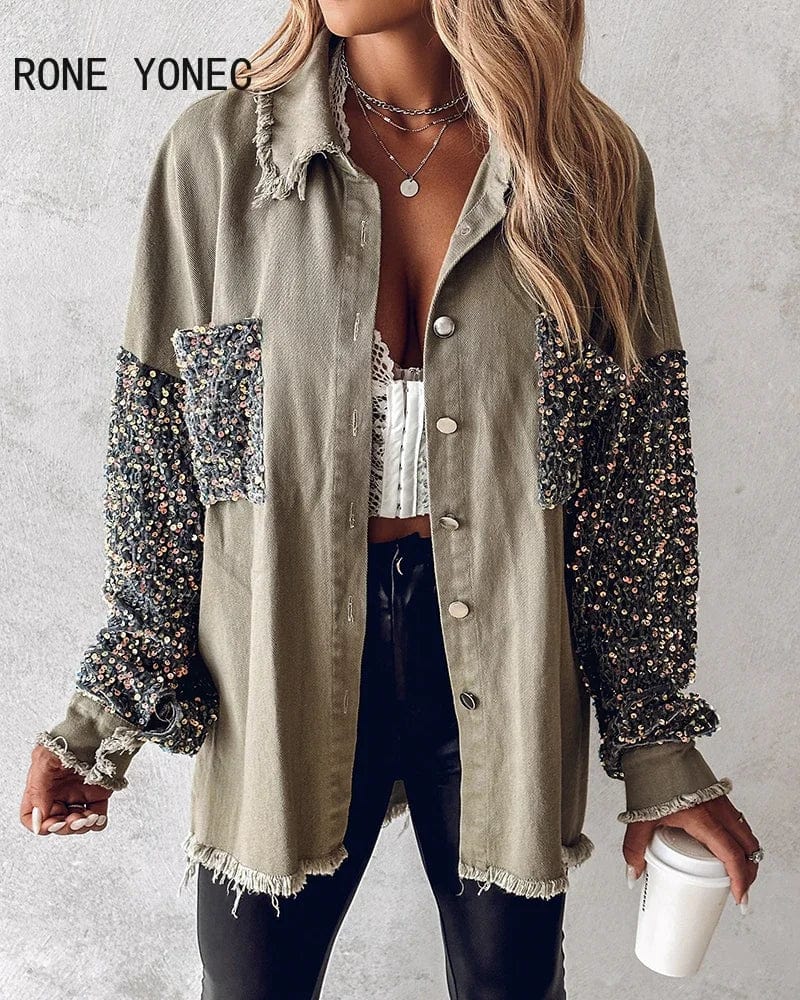 Contrast Sequin Raw Hem Shacket Women Jackets & Coats Tops