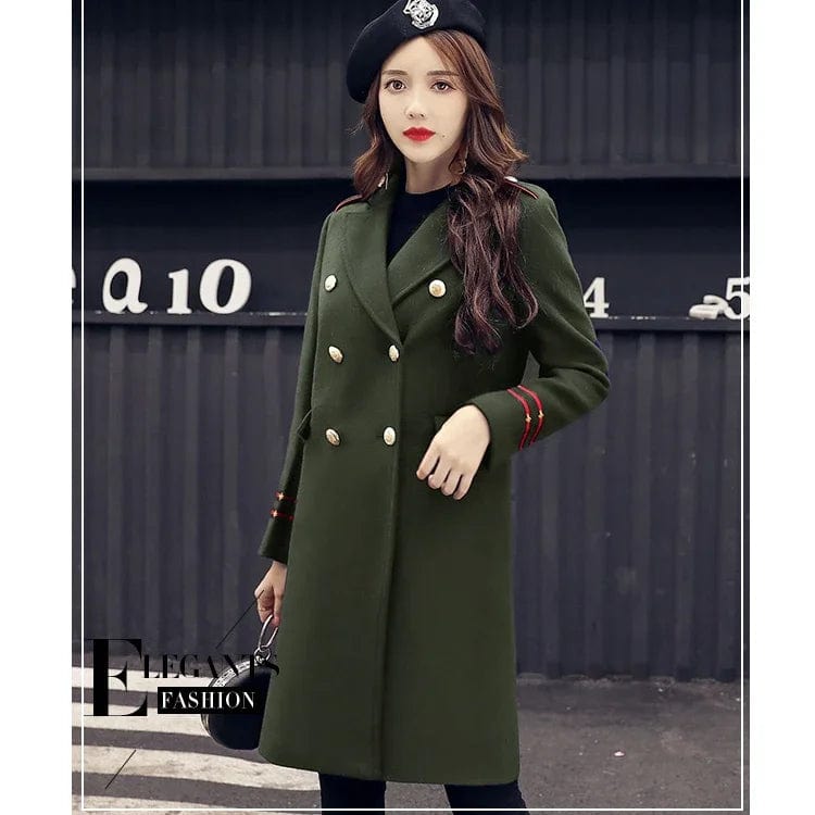 New In Fashion Double Breasted Winter Coat Female Thicken Warn Overcoat Military Green Woollen Long Coat Women