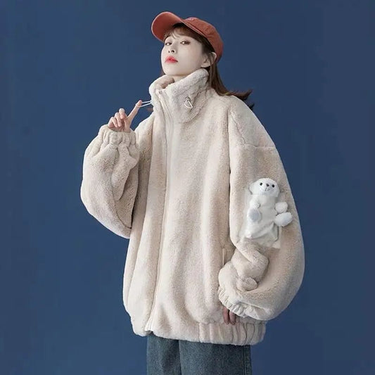 Autumn Winter New Foreign Style Lamb Wool Plus Velvet Cotton Coat for Women's Age Reduction New Sweet and Warm Non-padded Coat