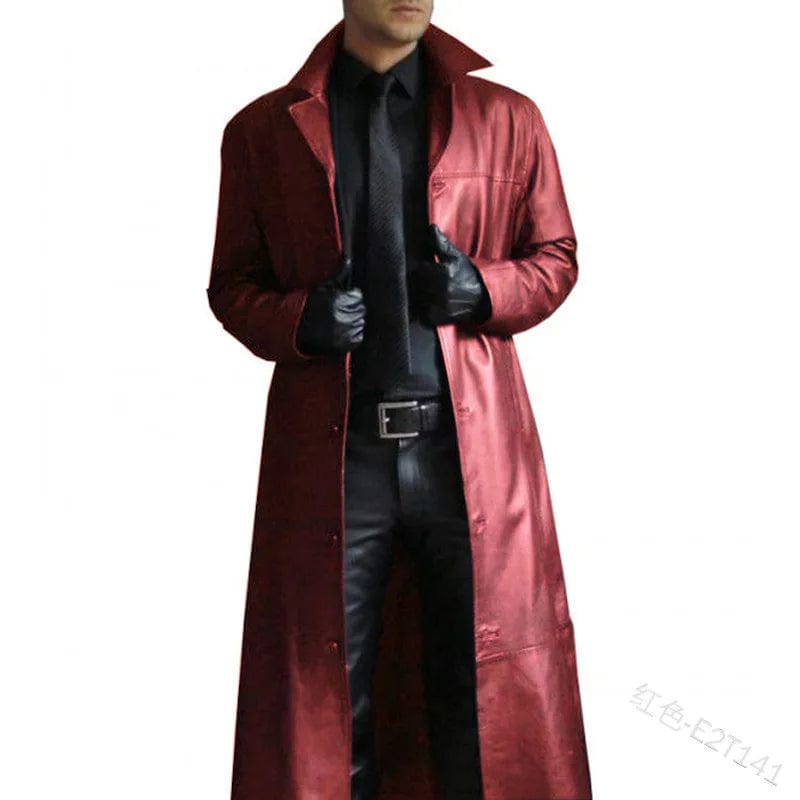 Men's Leather Trench Coat Vintage British Style Windbreaker Handsome Solid Color Slim-fit Overcoat Long Jacket Size S-5XL