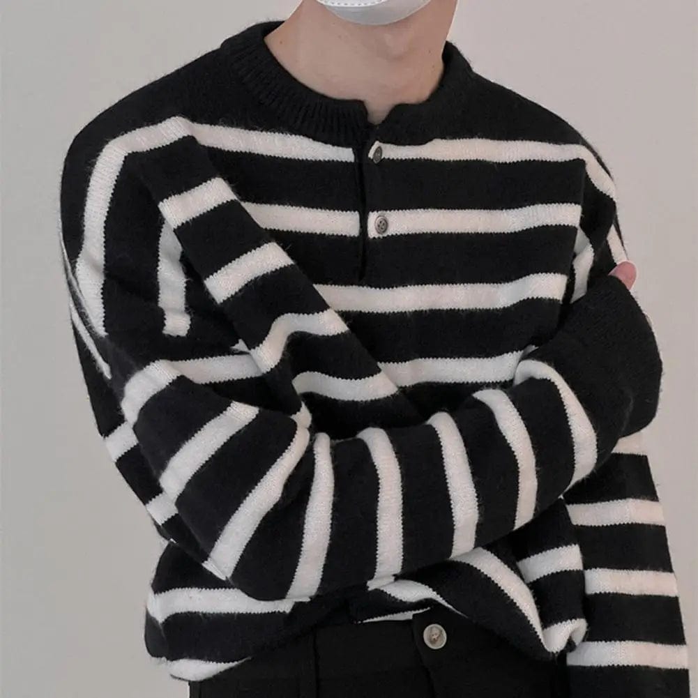 Men Striped Pullover Sweater O-neck Long Sleeve Knit Top Men's Striped Print Knitted Pullover Sweater with O-neckline for Autumn