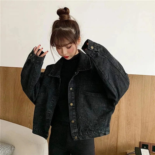 Black Short Denim Jacket Women Spring Autumn Single-breasted Big Pocket Polo Collar Women Jacket Korean Streetwear Jacket Women