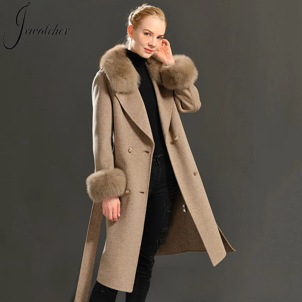 Women's Cashmere Wool Coat Spring Real Fox Fur Collar Woolen Trench Jacket Winter Adjustable Waist Slim Ladies Long Overcoat