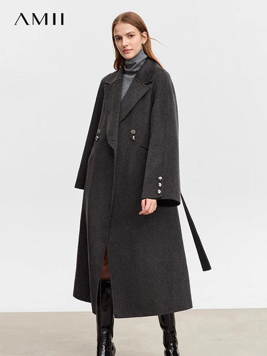 AMII Minimalist Wool Coat For Women Trendy 2023 New Long Loose Coat With Belt Lapel Korean Version Winter Outerwear 12344078