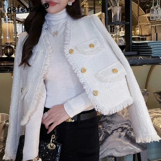 Women French Style Elegant Luxury Design Tassel Button Cardigan Jacket Spring Autumn Fashion V Neck White Long Sleeve Loose Coat